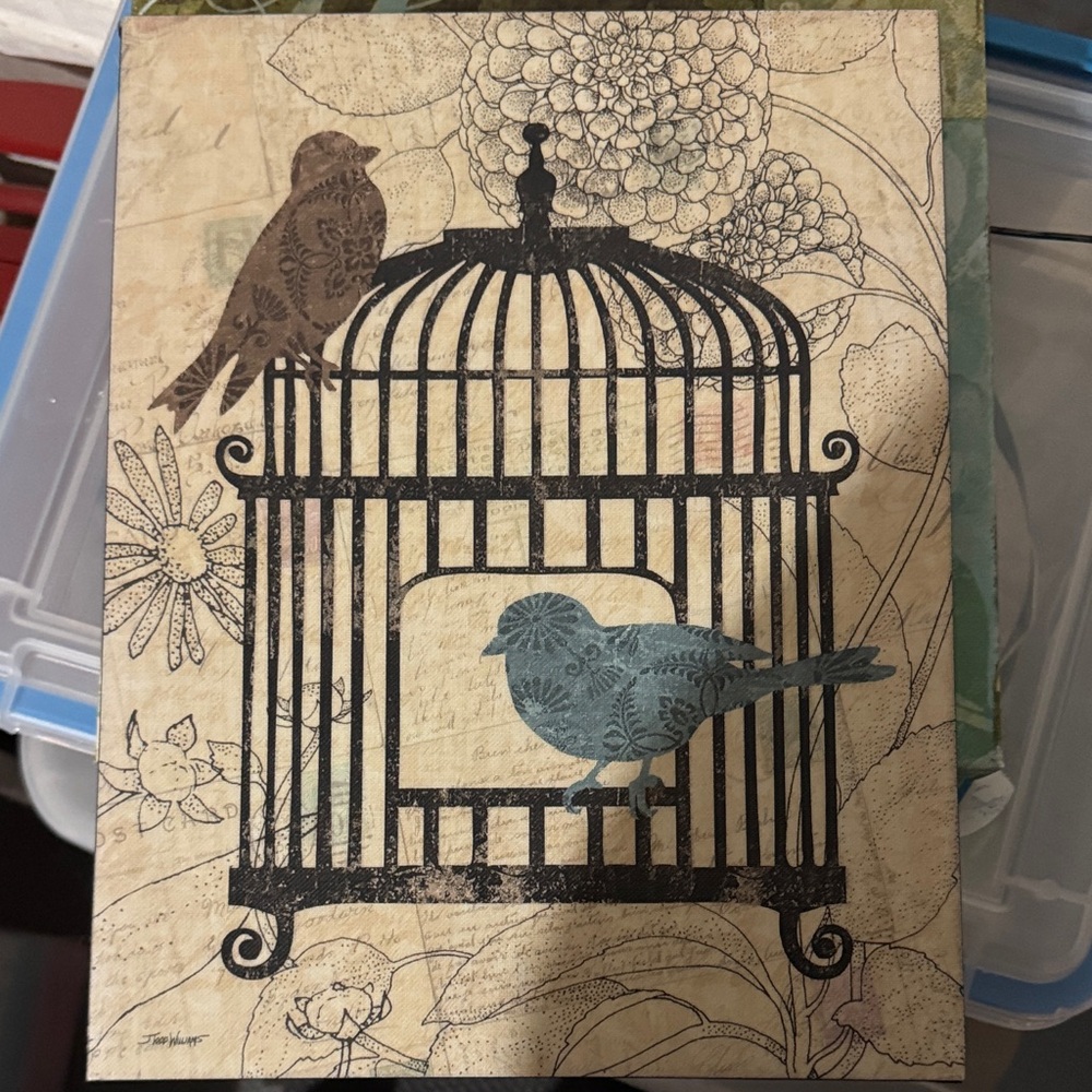 Decorative Bird Cage Wall Art with Brown and Blue Birds